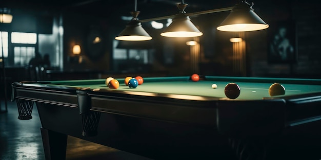 A pool table with a light hanging from the ceiling