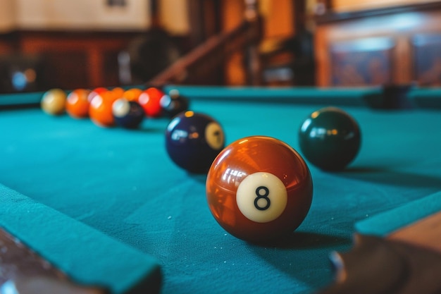 a pool table with a pool ball and pool ball on it