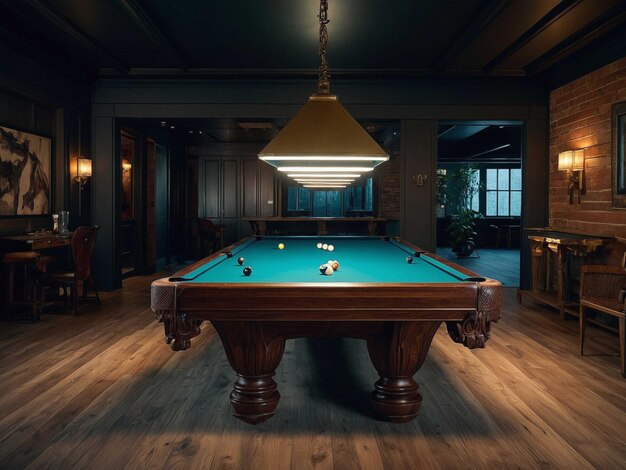 Photo a pool table with a pool table and a lamp