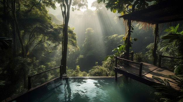 A pool in a tropical rainforest with the sun shining through the trees