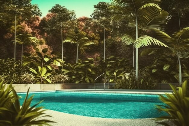 Photo a pool in a tropical setting with trees and plants.