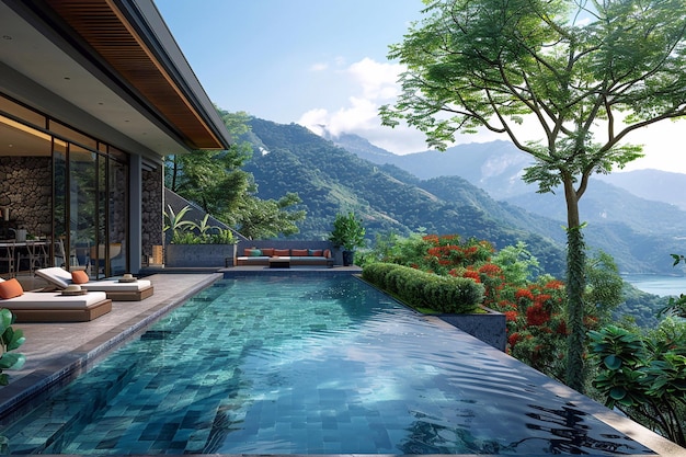 A pool villa resort living room interior with beach lounge and mountain 3D rendering