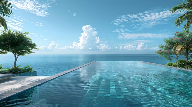 pool with artificial beach and tropical ocean