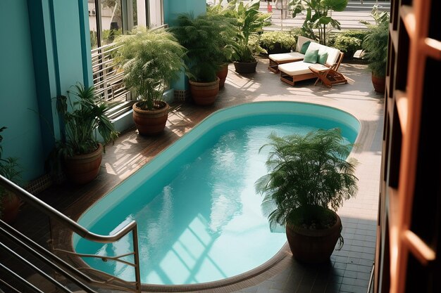 a pool with a balcony and a balcony with plants and a railing