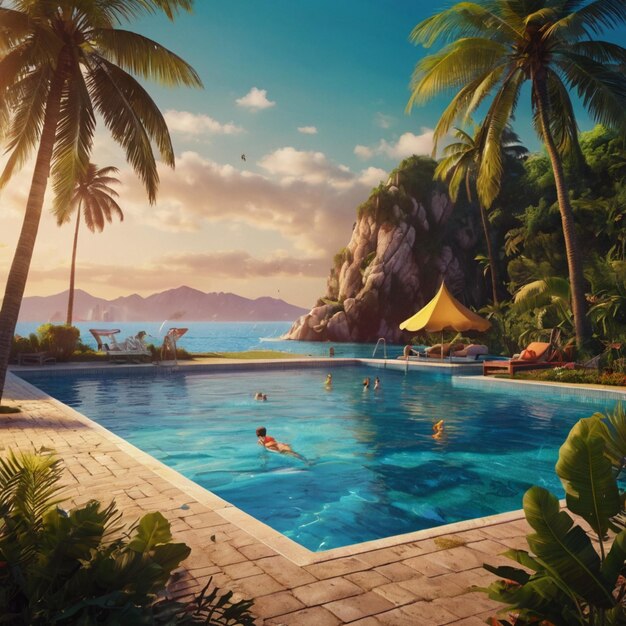 a pool with a beach scene with a beach scene and palm trees