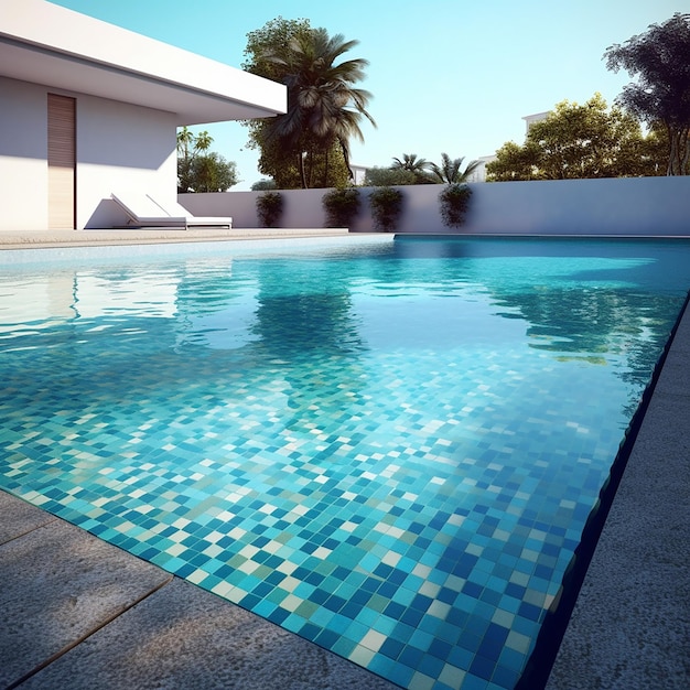 A pool with a blue tile border and a house in the background.