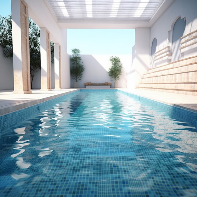 A pool with a blue tile roof and a wooden ceiling.