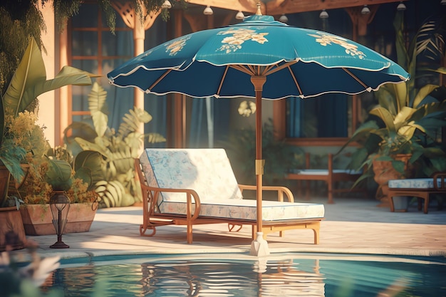 A pool with a blue umbrella and a green umbrella