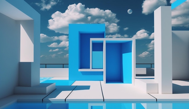 A pool with a blue and white square shapes and the sky is full of clouds.