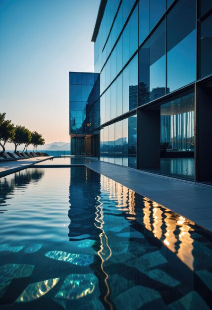 a pool with a building that has a reflection of a building in it