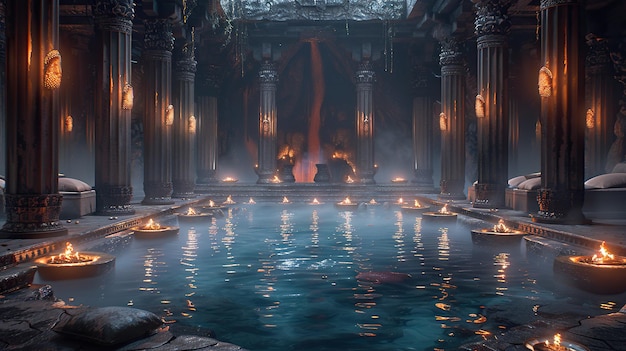 a pool with candles in it and a fire in the middle