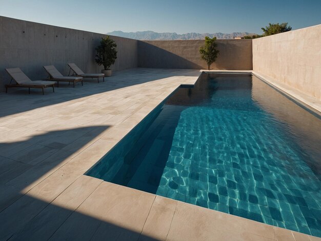 Photo a pool with chairs and a pool with a mountain in the background