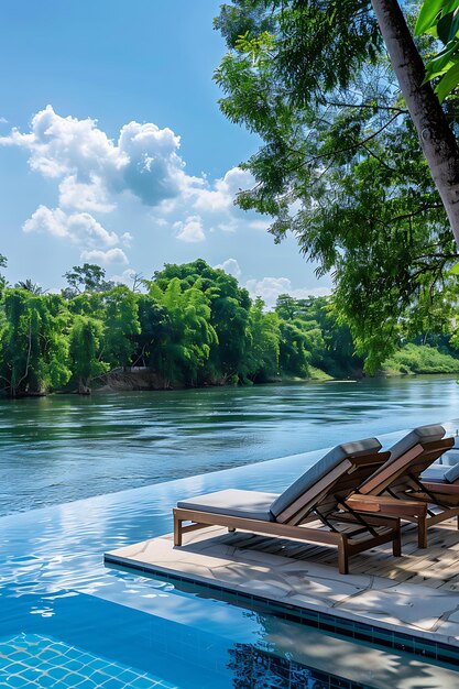 a pool with a deck that has a pool and a deck with a view of the river