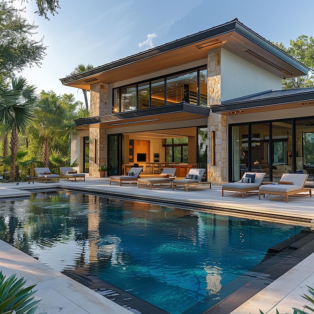 a pool with a house and a pool with a house in the background