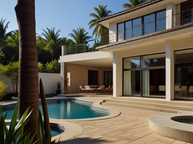 a pool with a house and a pool with a palm tree in the background