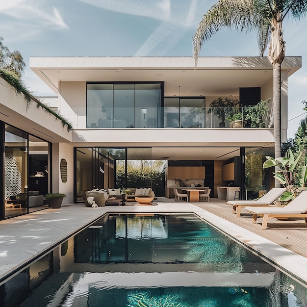 a pool with a house and a pool with a palm tree in the background