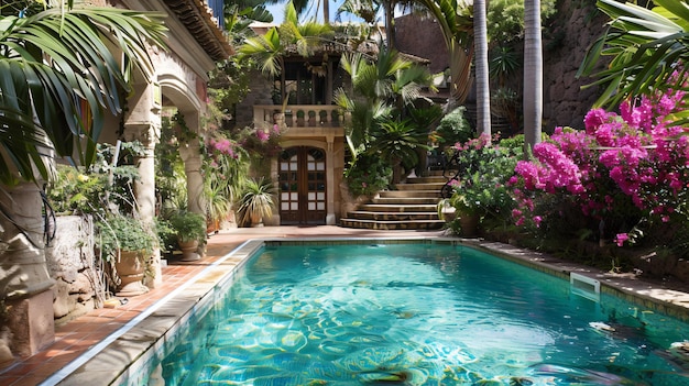 a pool with a house that has a door that says  welcome to the pool