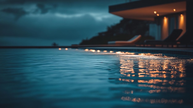 Photo a pool with lights and a lit up house in the background