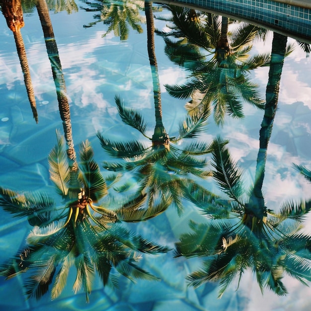 a pool with a lot of palm trees in it