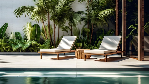 Photo a pool with lounge chairs and palm trees