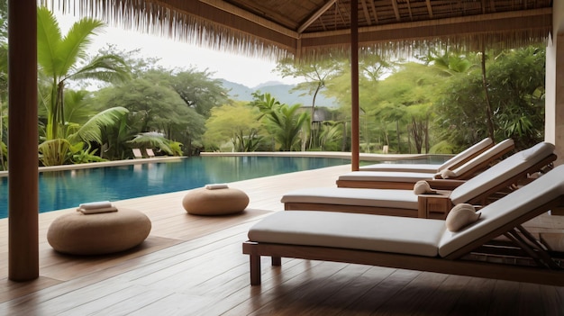 a pool with lounge chairs and a pool with a pool in the background