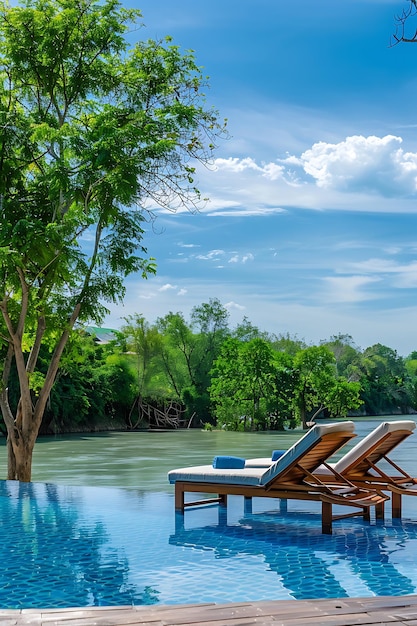 Photo a pool with lounge chairs and a tree in the water