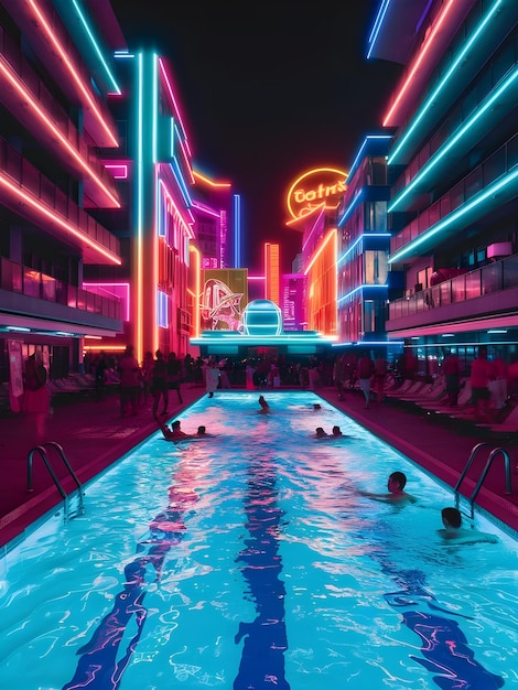 Photo a pool with neon lights and a neon sign