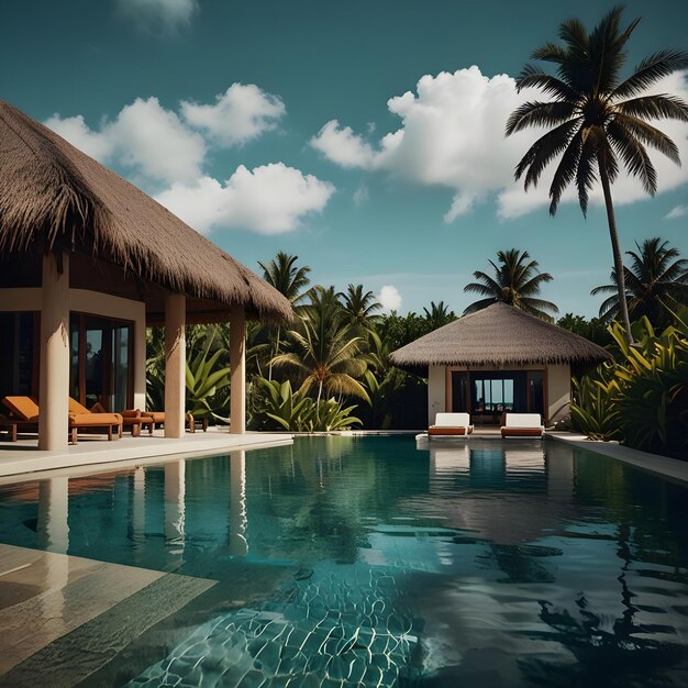 a pool with a palm tree and a door that says the pool