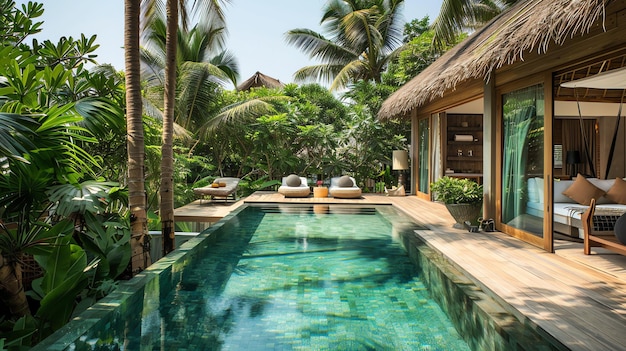 a pool with a palm tree and a house in the background