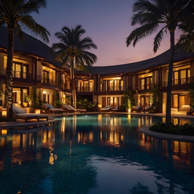 Photo a pool with a palm tree and a house in the background