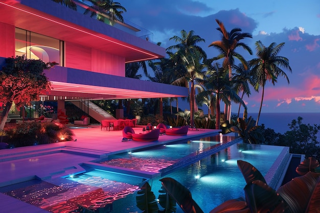 a pool with a palm tree and a pool with a palm tree in the background