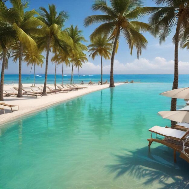 Photo a pool with palm trees and a beach chair