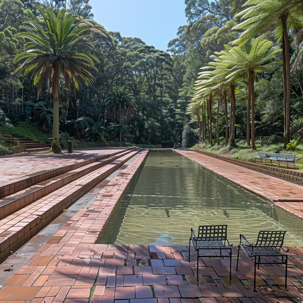 a pool with palm trees and a bench in the middle of it