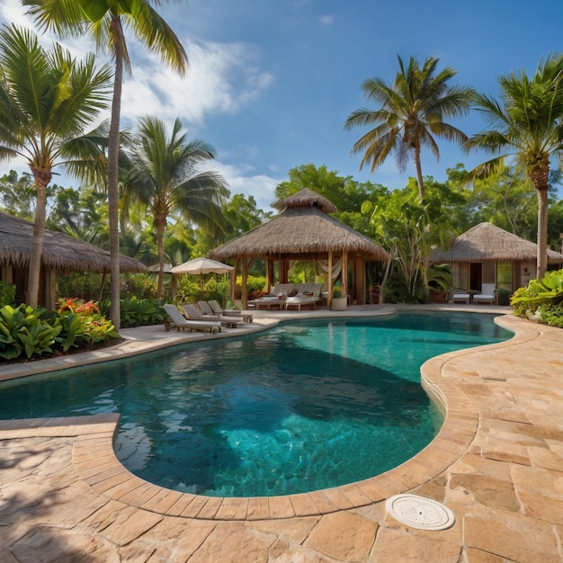 a pool with palm trees and a blue pool with palm trees in the background