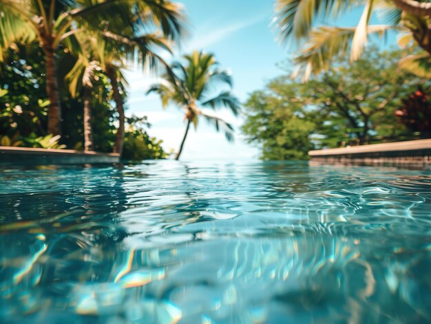 a pool with palm trees and a blue sky in the background