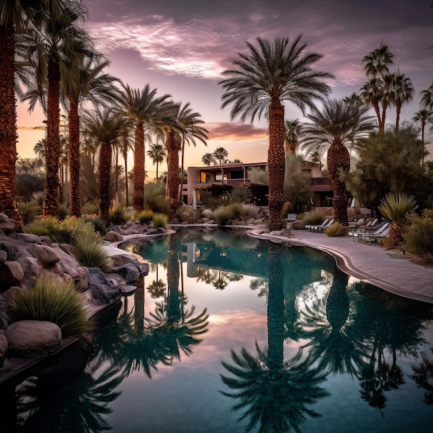 a pool with palm trees and a house in the background.