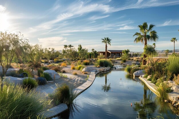 Photo a pool with palm trees and a house in the background