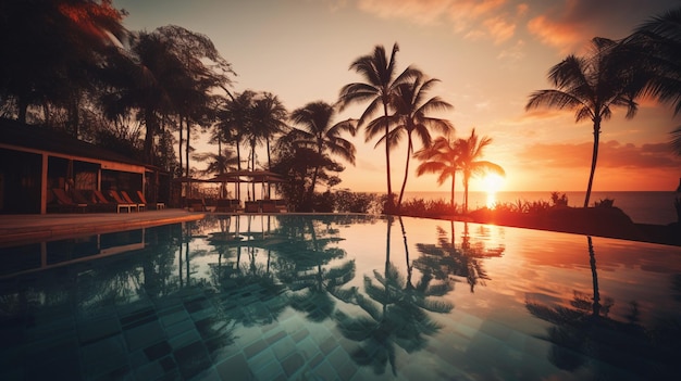 A pool with palm trees and the sun setting behind it