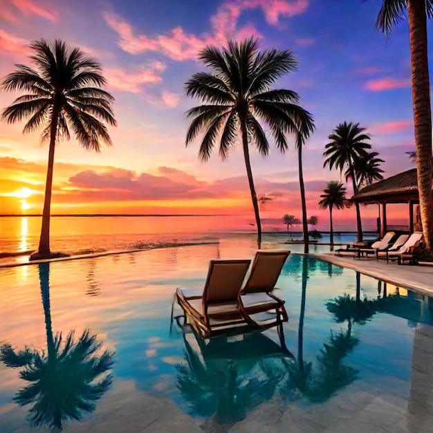 a pool with palm trees and a sunset in the background