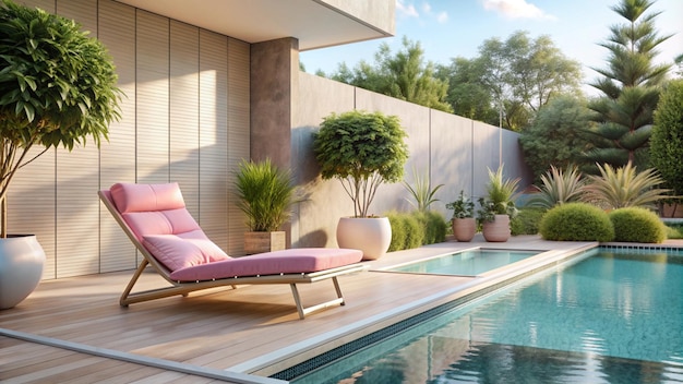 a pool with a pink chair and a pink chair next to it