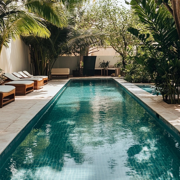 Photo a pool with a pool and chairs and a pool with a palm tree in the background