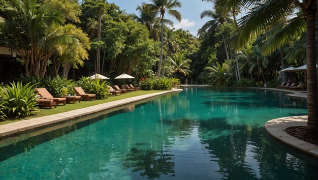 Photo a pool with a pool and chairs and umbrellas and palm trees