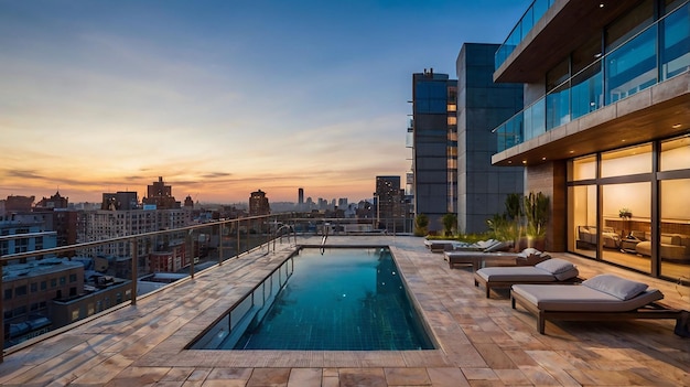 a pool with a pool and a city skyline in the background