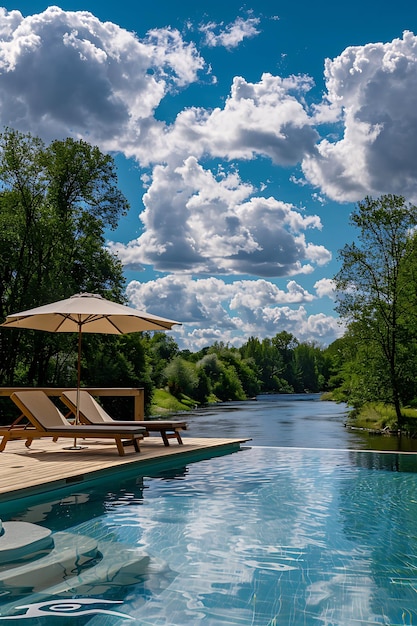 Photo a pool with a pool and a deck that has a pool with a view of the river