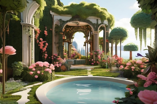 a pool with a pool and flowers and a water feature