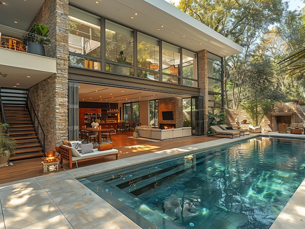 a pool with a pool and a house with a pool in the background