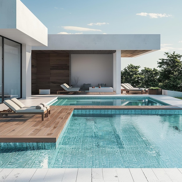 a pool with a pool and a lounge chair and a pool with a blue sky in the background