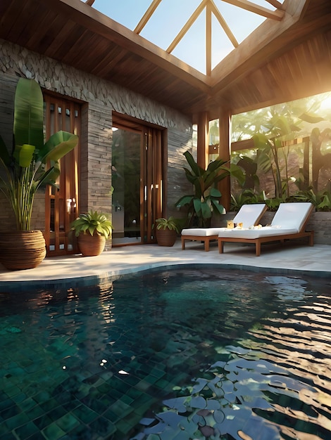 a pool with a pool and a lounge chair and a pool with a palm tree in the background