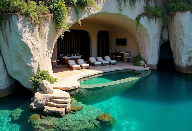 Photo a pool with a pool and lounge chairs and a pool with a sign that says quot spa quot