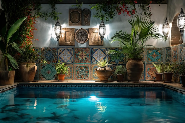 a pool with a pool and plants on the wall